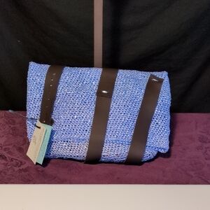 NEW! Handmade Crochet Curling Ribbon Ice Blue Pearlescent Clutch Brown Leather